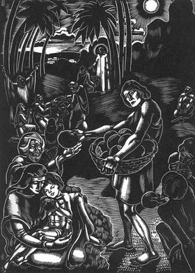 La multiplication des pains. Gravure sur bois de Hanna Dallos (1933)